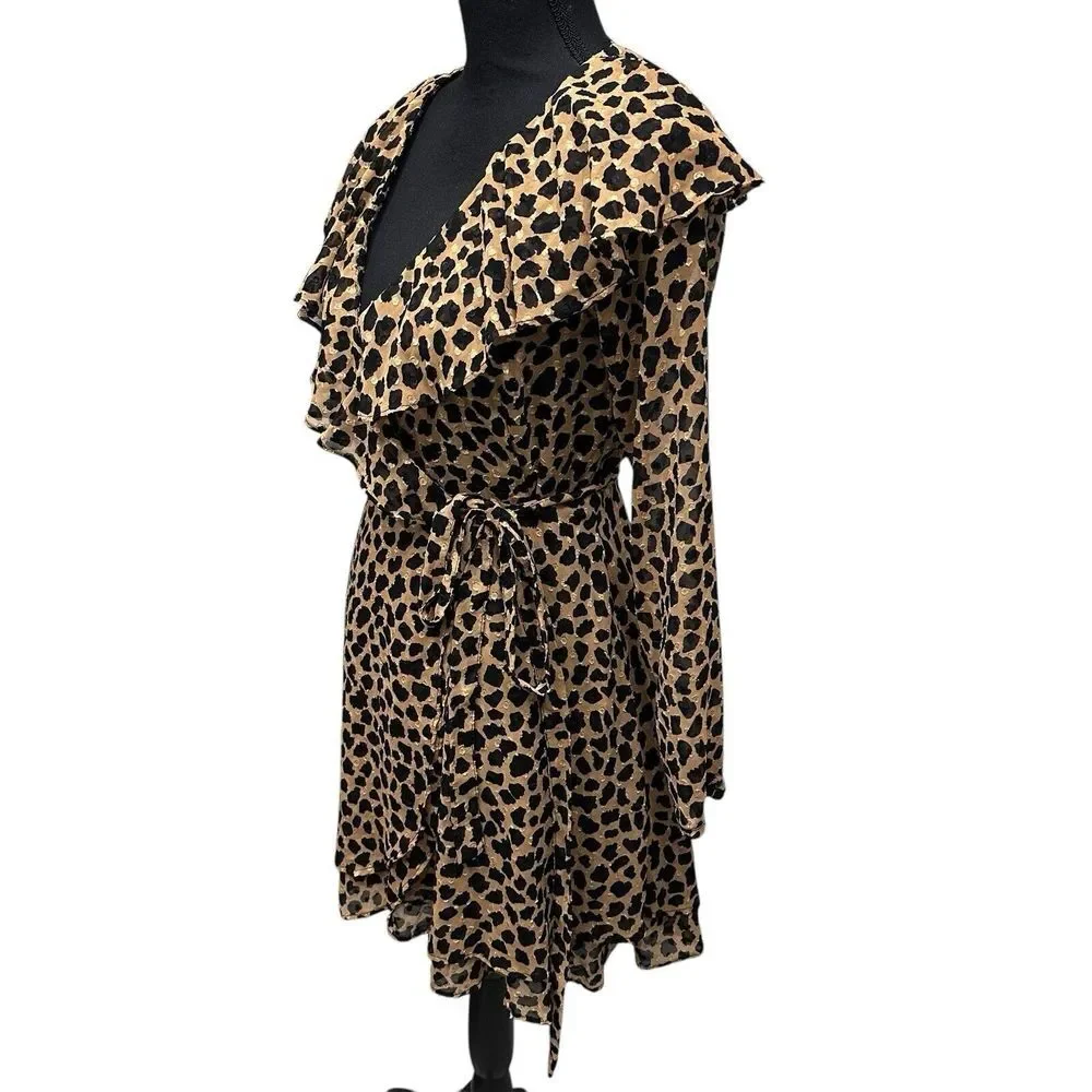 Free People Frenchie Leopard‎ Print Wrap Mini Dress  XS Long Sleeves Ruffle NWT
